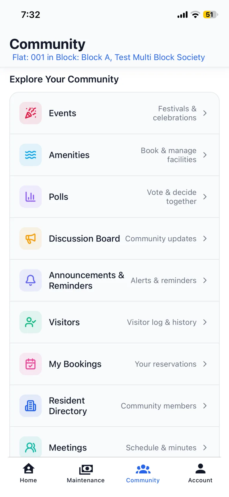 The Community screen in the Residents app, listing events, amenities, polls, the notice board, visitors, bookings, the resident directory and meetings